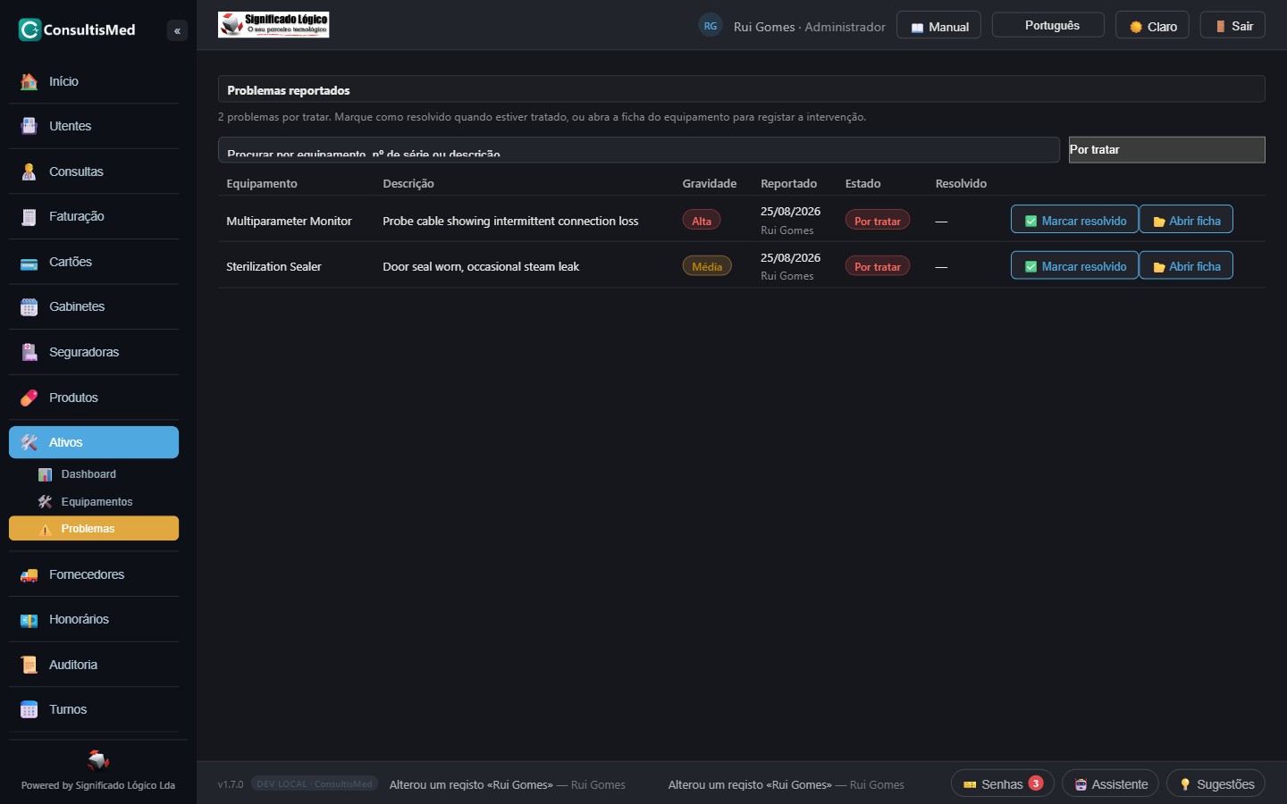 Problemas reportados nos equipamentos