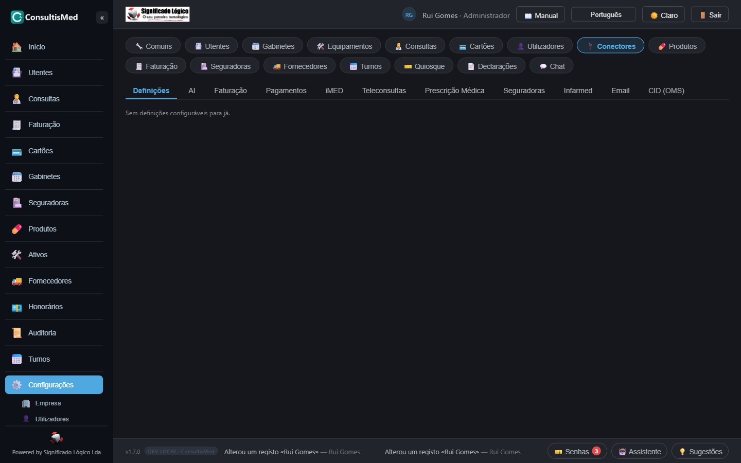 Painel de configuração dos conectores