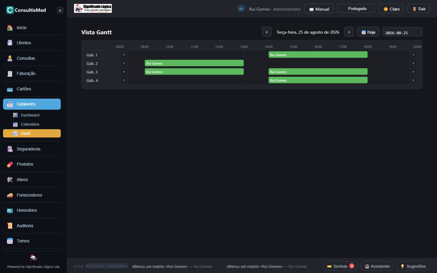 Vista Gantt semanal com a ocupação dos gabinetes